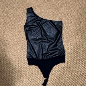 Womens Black One-Shoulder One Piece faux leather